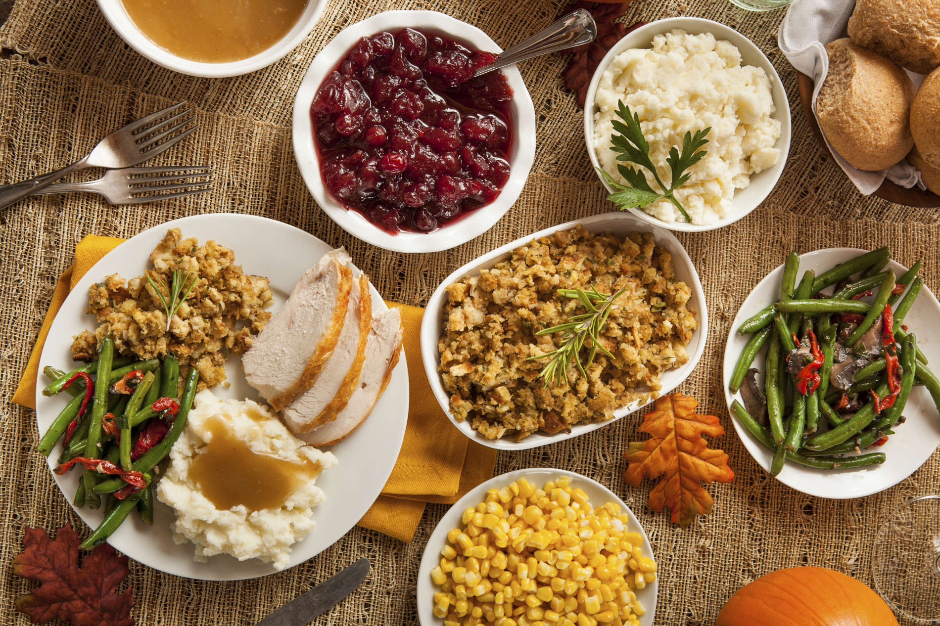 Homemade Turkey Thanksgiving Dinner with Mashed Potatoes, Stuffing, and Corn